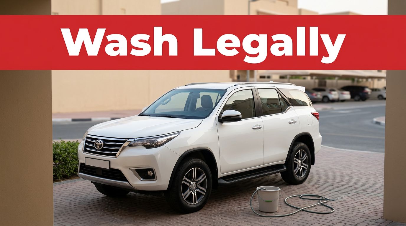 White SUV with a hose and bucket on a Dubai villa driveway.