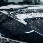 Glossy dark car hood with water beads, a microfiber towel, and a red Coating Care header.