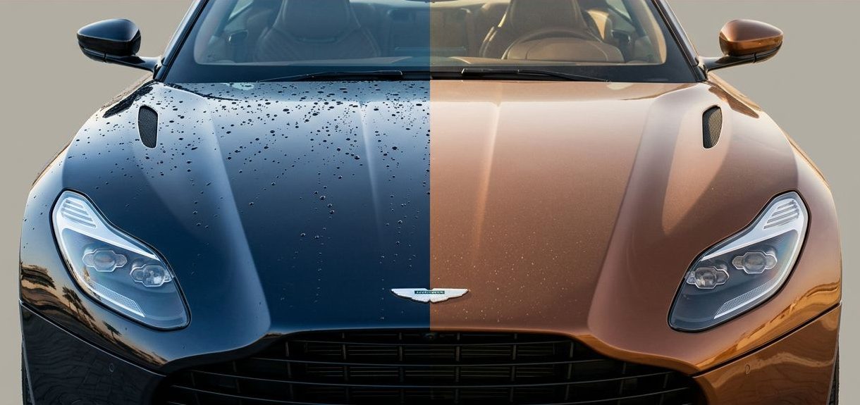 Split-view luxury car showing glossy ceramic coating and dusty wax finishes.