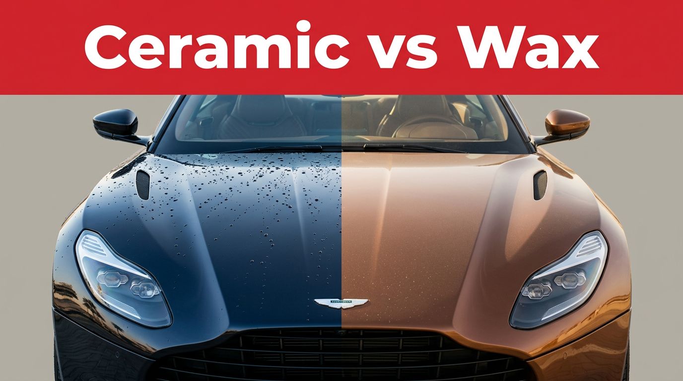 Split-view luxury car showing glossy ceramic coating and dusty wax finishes.