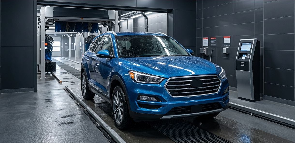Blue SUV leaving an automatic car wash beneath a red Car Wash Prices banner.