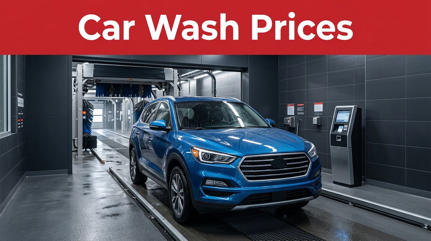 Blue SUV leaving an automatic car wash beneath a red Car Wash Prices banner.