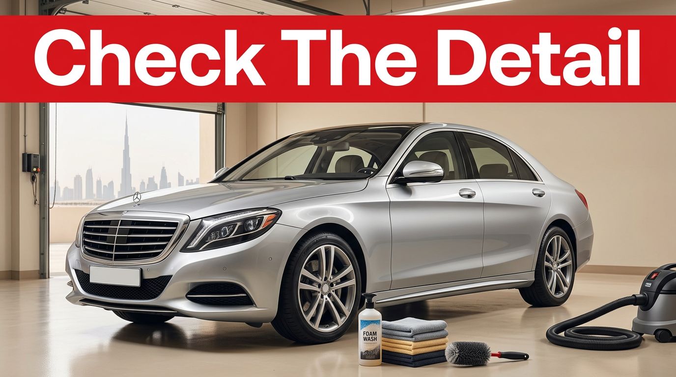 A silver sedan in a bright detailing bay with cleaning tools and the Dubai skyline outside.