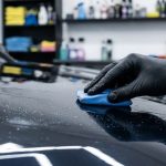 A blue clay bar glides across a glossy dark car hood with lubricant.
