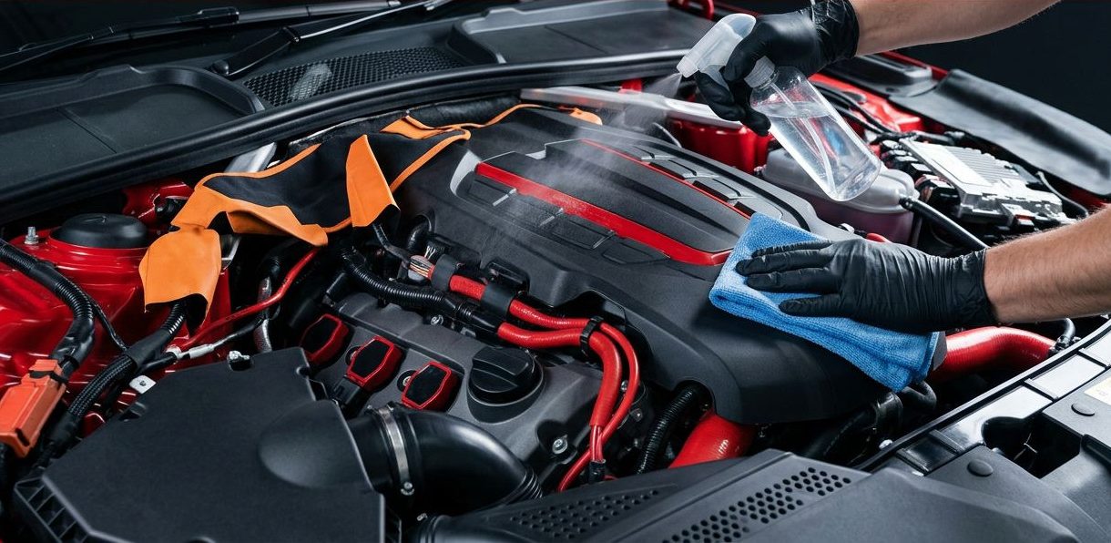 Clean car engine with a cloth, spray bottle, and covered wiring.
