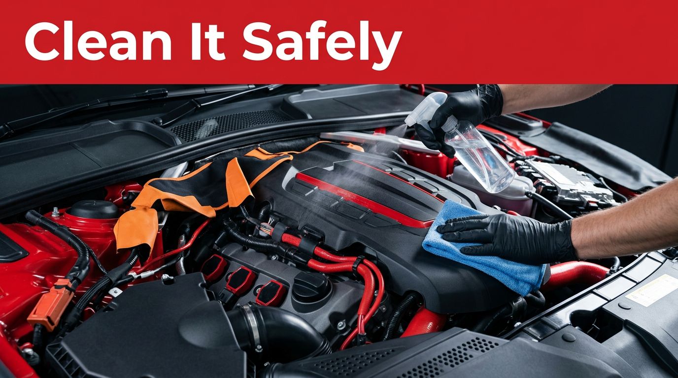 Clean car engine with a cloth, spray bottle, and covered wiring.