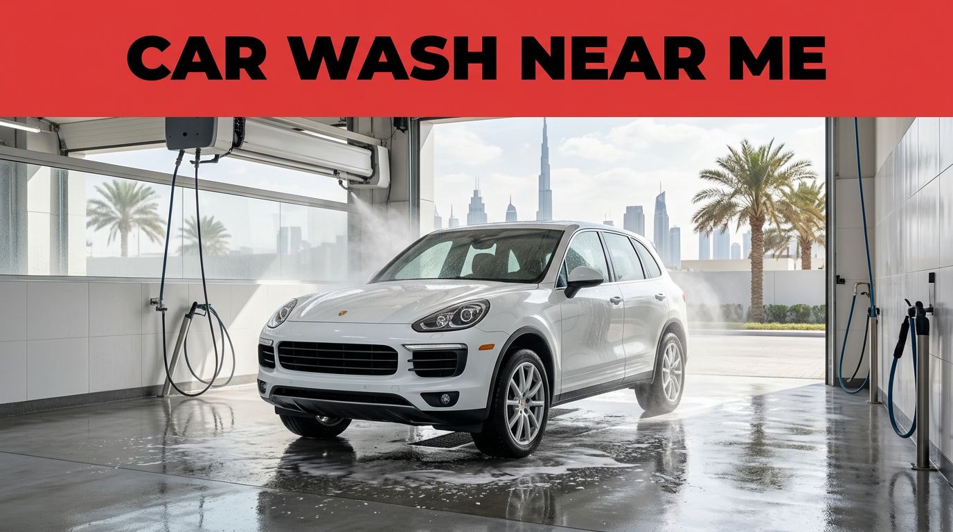White SUV being washed at a modern Dubai car wash with skyscrapers and palms behind it.