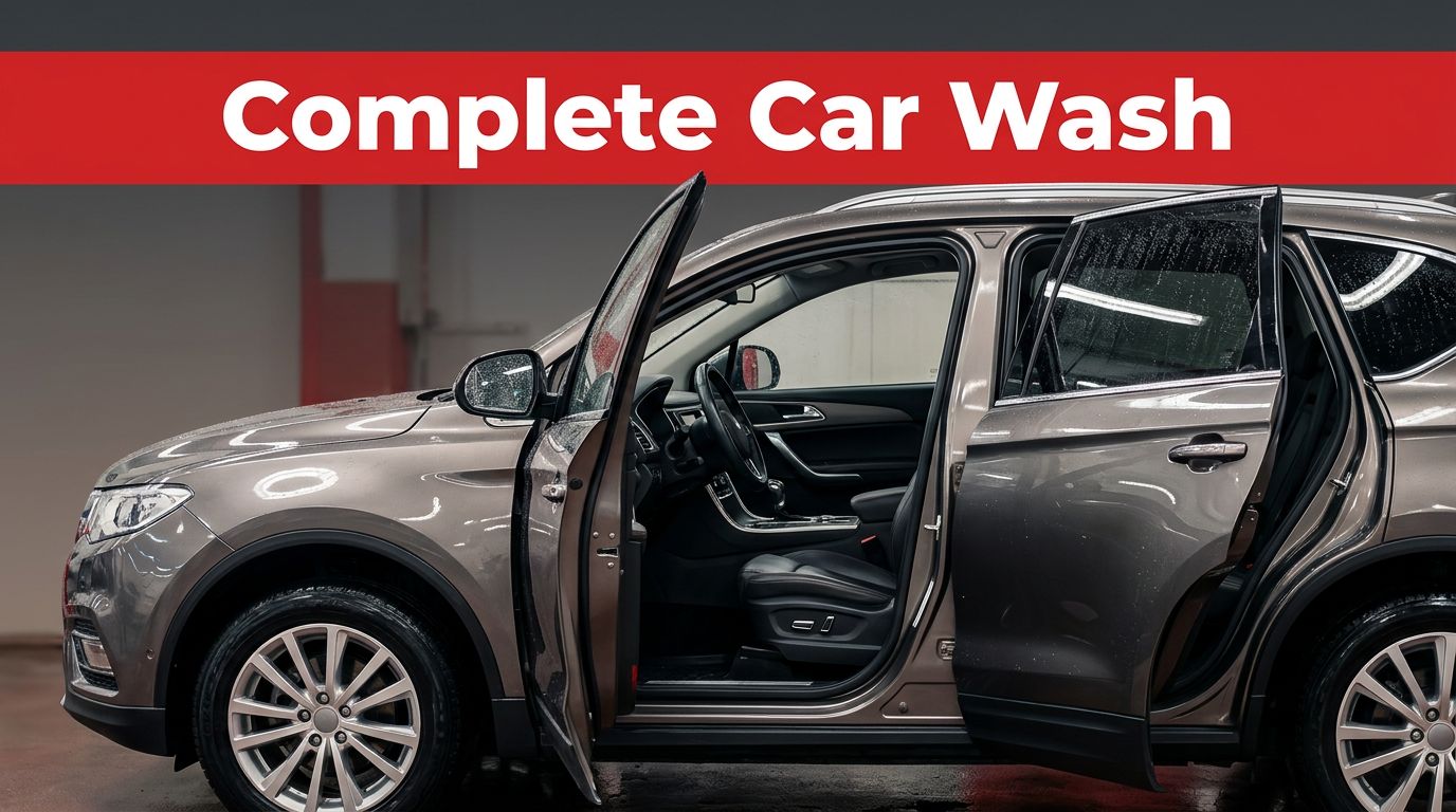 A polished SUV at a car wash with its clean interior visible through an open door.