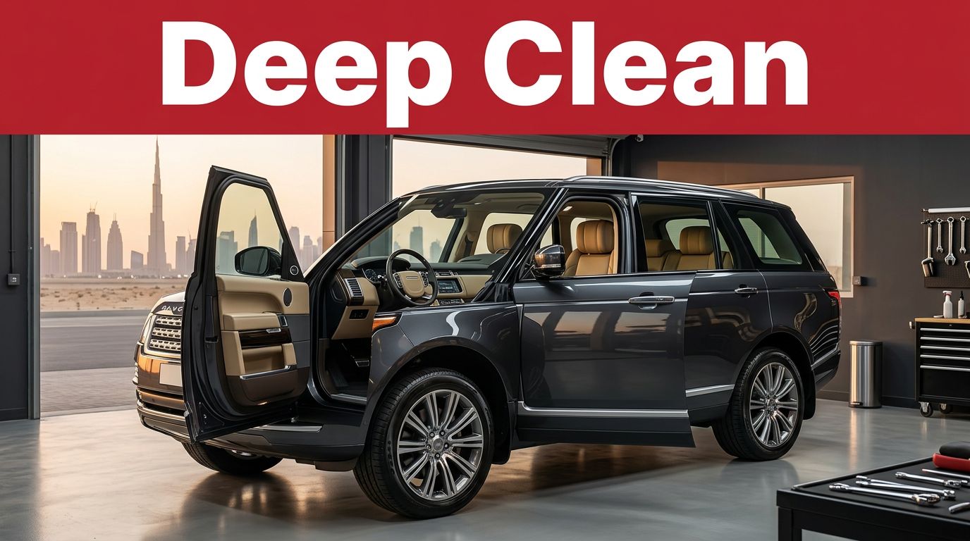 Spotless SUV with open doors at a Dubai car wash beneath a red Deep Clean banner.