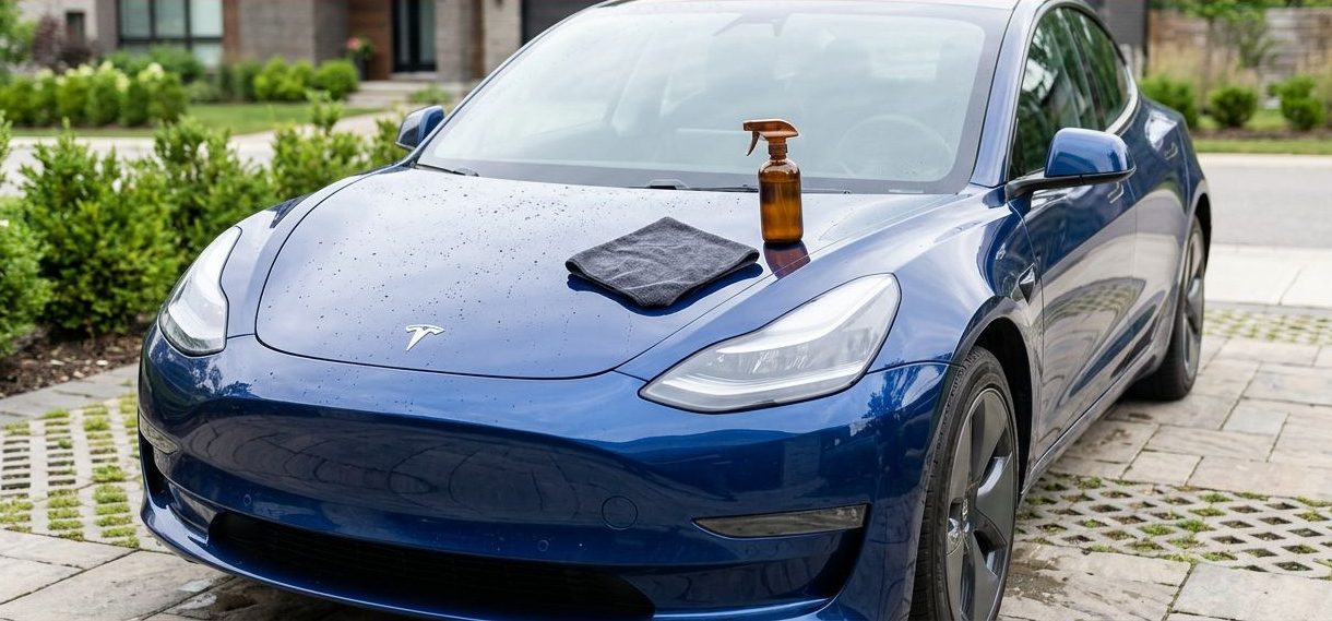 Spotless car with a microfiber cloth and spray bottle on a natural driveway.