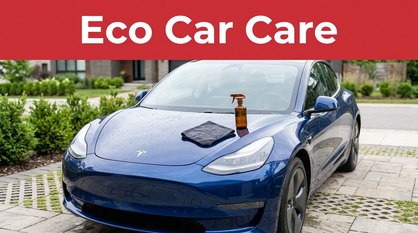 Spotless car with a microfiber cloth and spray bottle on a natural driveway.