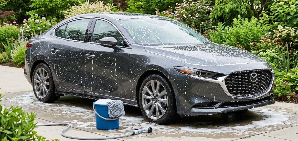 A dark car covered in foam beside a garden, bucket, and water-saving nozzle.