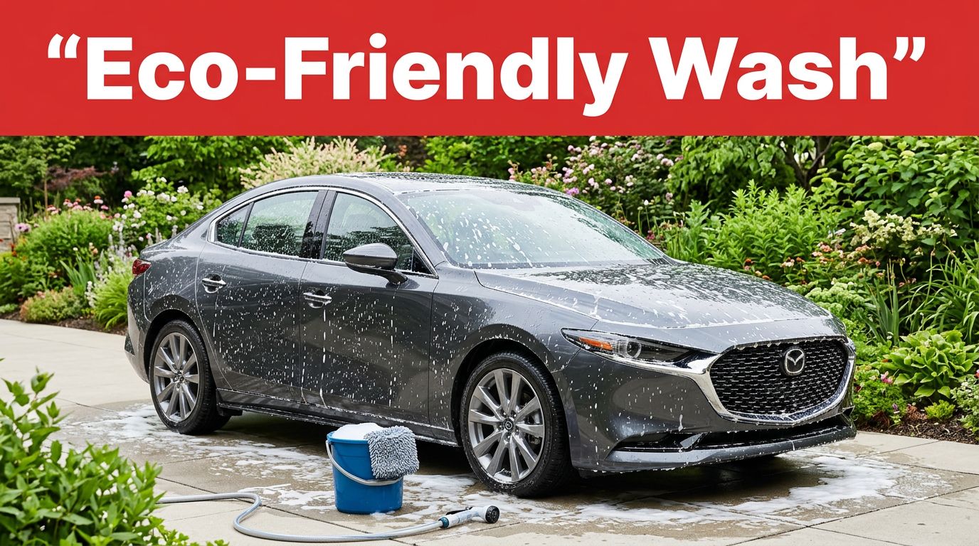 A dark car covered in foam beside a garden, bucket, and water-saving nozzle.
