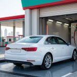 A white sedan enters a modern car wash with palm trees and a Dubai skyline.