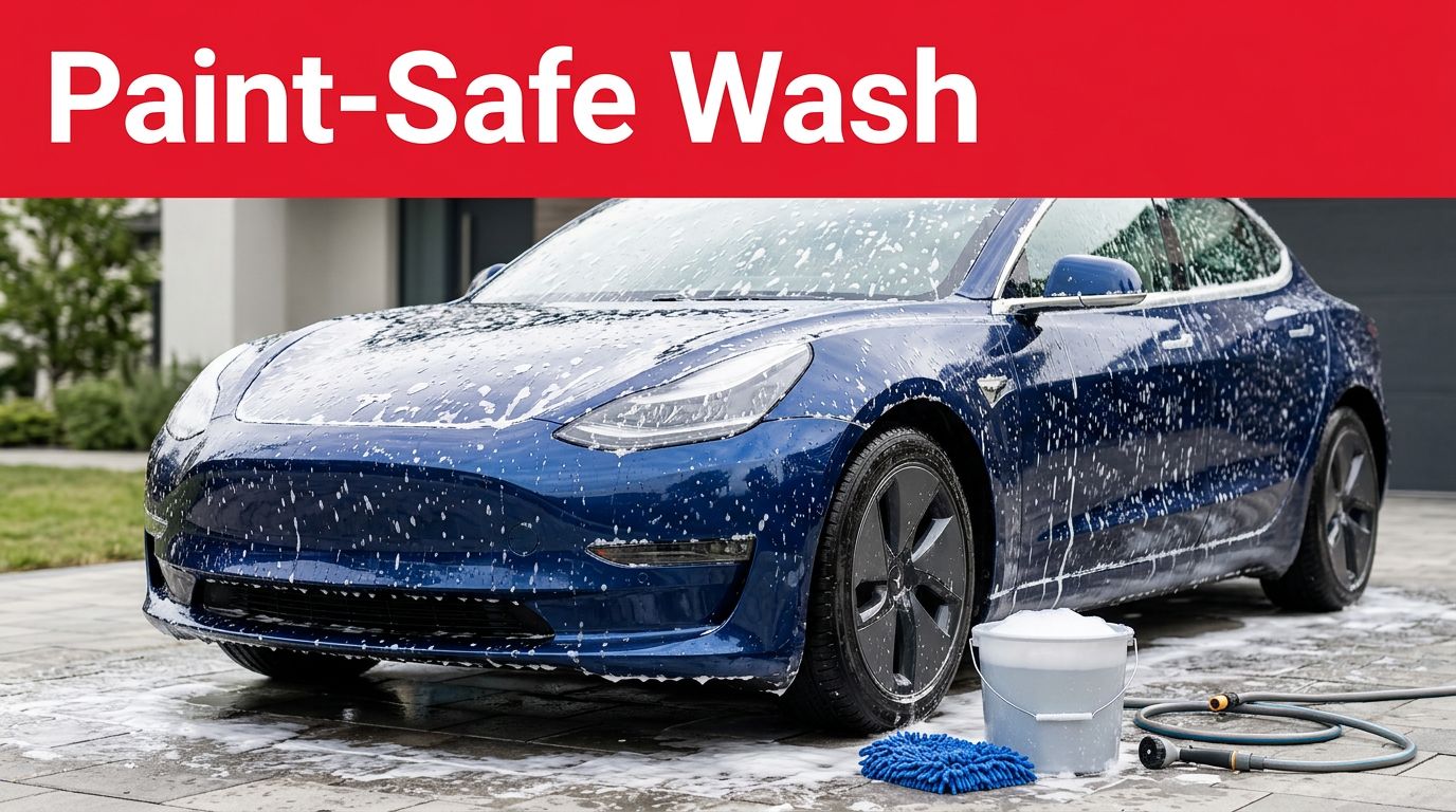 Foam-covered blue car being washed beside a bucket, mitt, and hose.