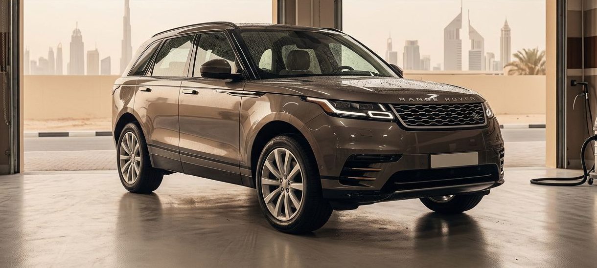 A clean SUV gleams in a Dubai service bay with water beads and spotless wheels.