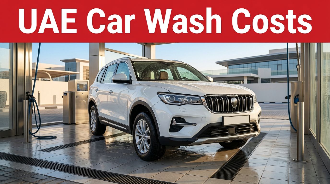 White SUV in a UAE car-wash bay beneath a red UAE Car Wash Costs banner.