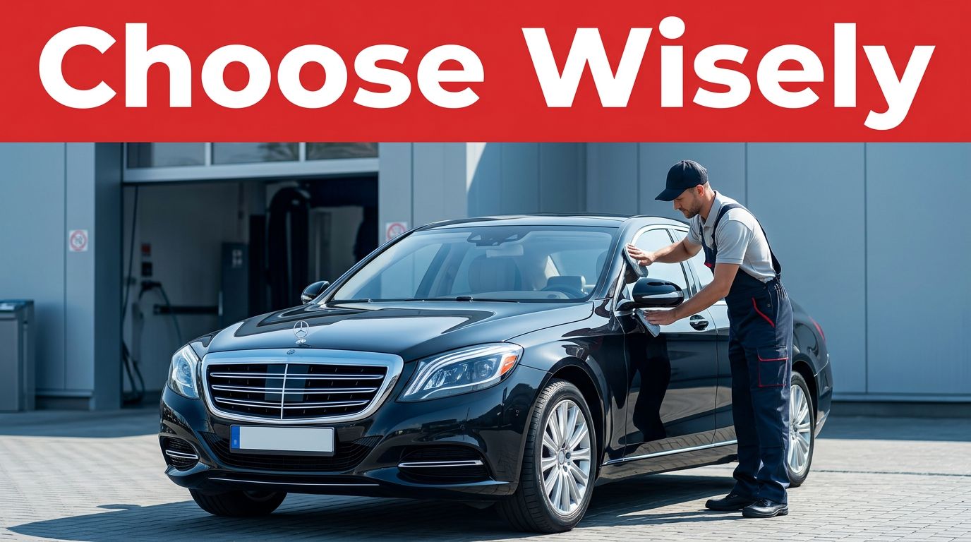 A uniformed worker cleans a dark sedan outside a modern car wash.