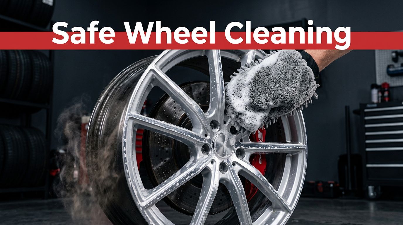 A silver alloy wheel is gently cleaned with a foaming microfiber mitt.