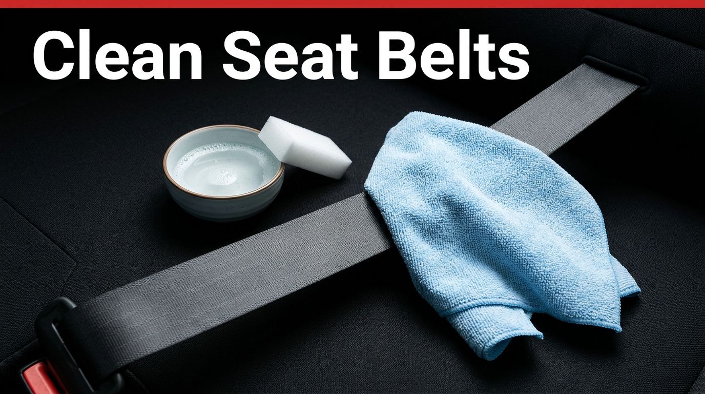 Gray seat belt being wiped with a microfiber cloth beside soapy water.