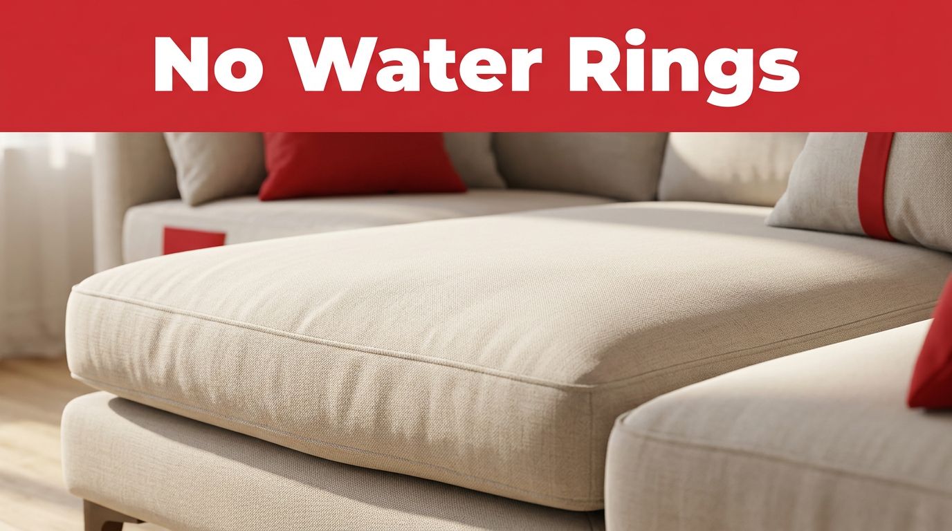 A microfiber cloth mists a neutral sofa cushion beneath a red headline band.