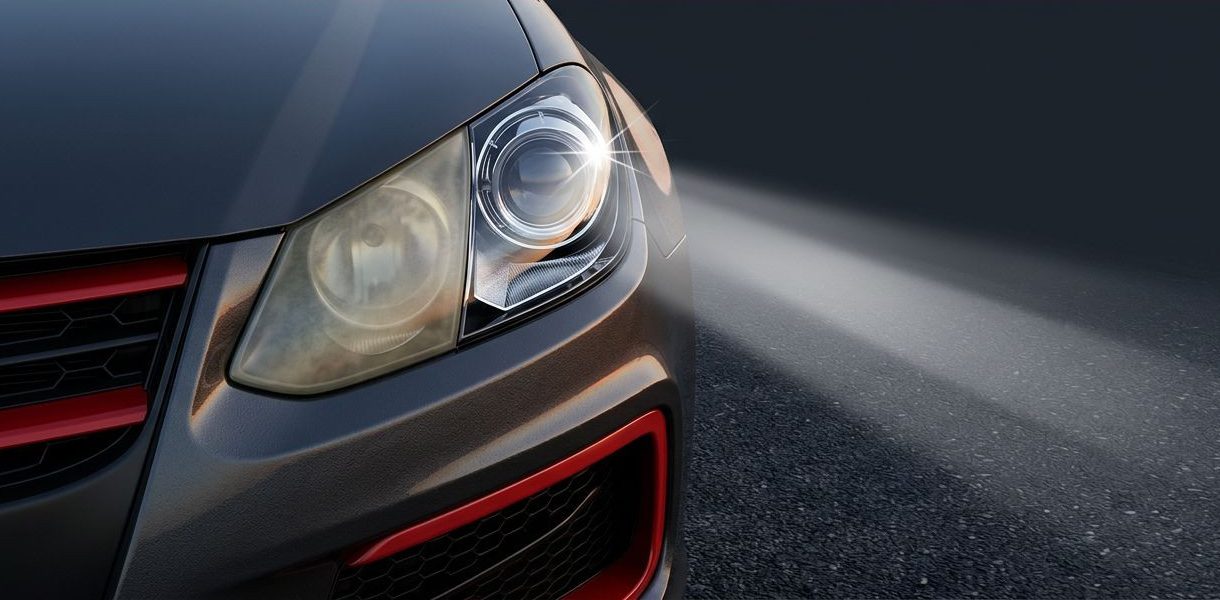 A car shows one cloudy headlight and one clear headlight lighting a dark road.