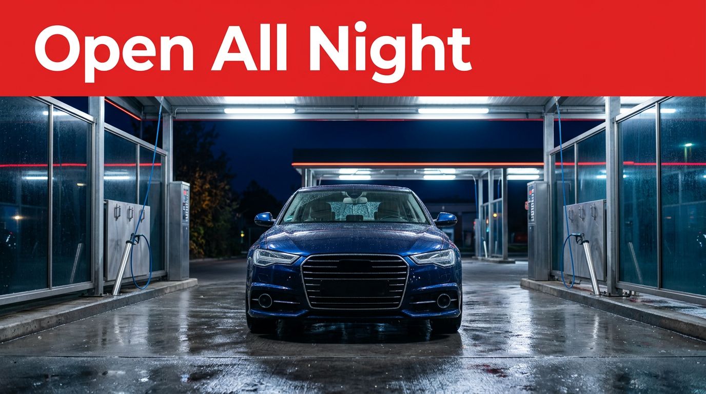 Dark blue car at a brightly lit car wash at night with wet reflective pavement.