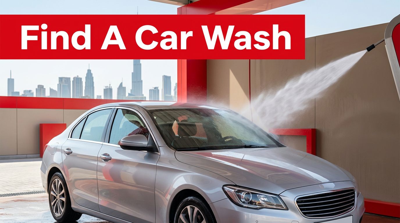 A silver sedan is washed with water spray against the Dubai skyline.