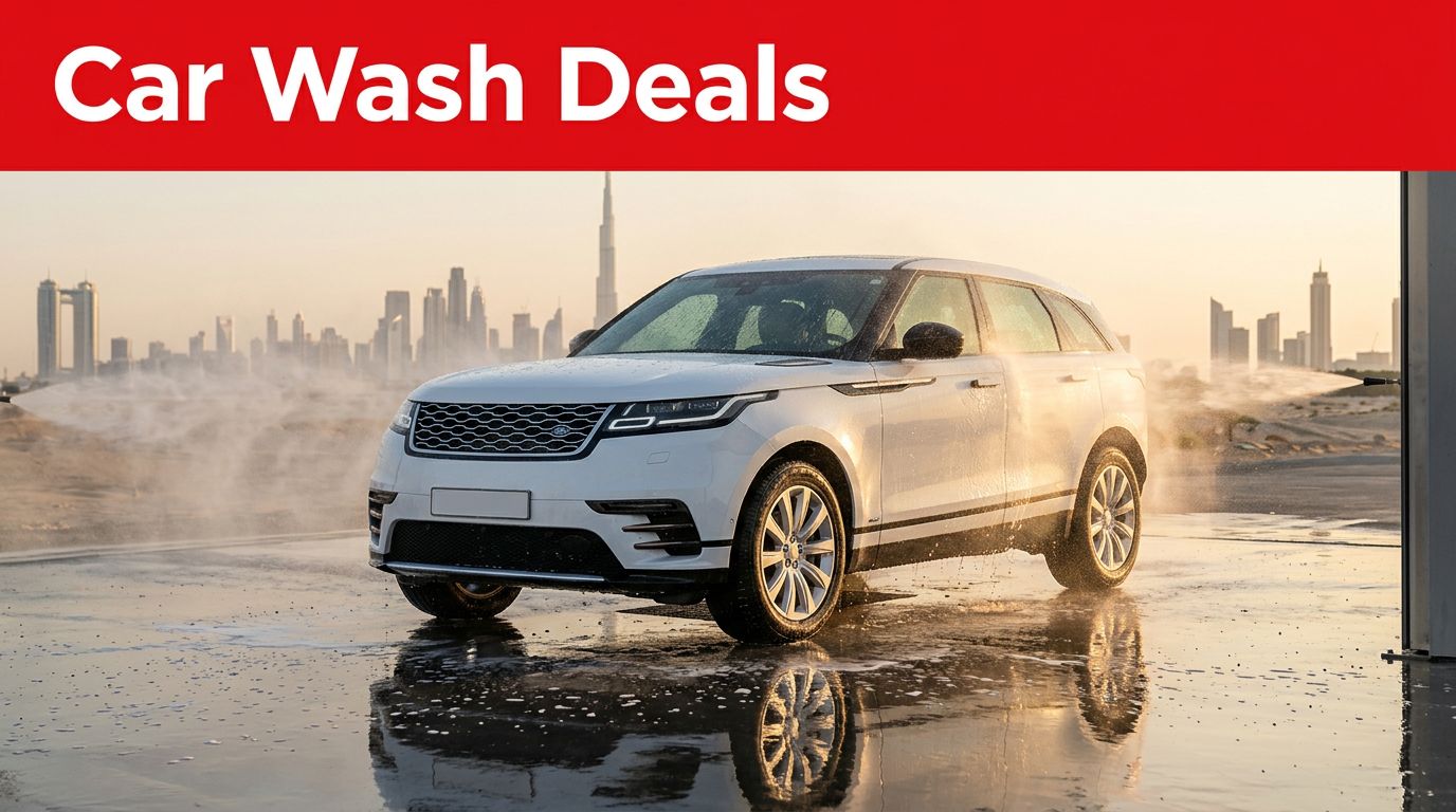 White SUV being washed beneath a red Car Wash Deals banner in Dubai.