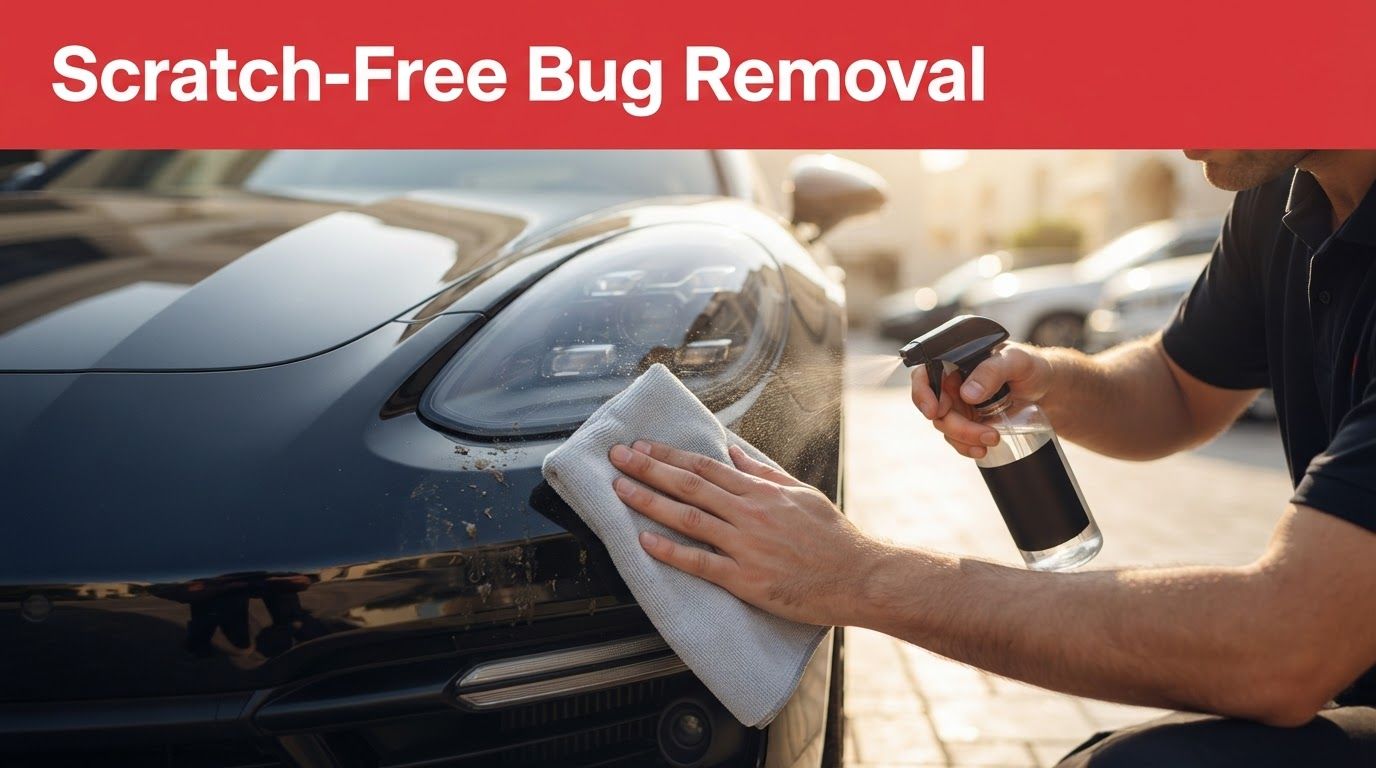 A dark car bumper being cleaned with a towel and spray bottle in sunlight.