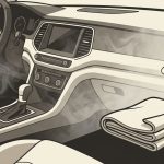 Cleaning supplies and an open vent appear inside a fresh, smoke-free car interior.