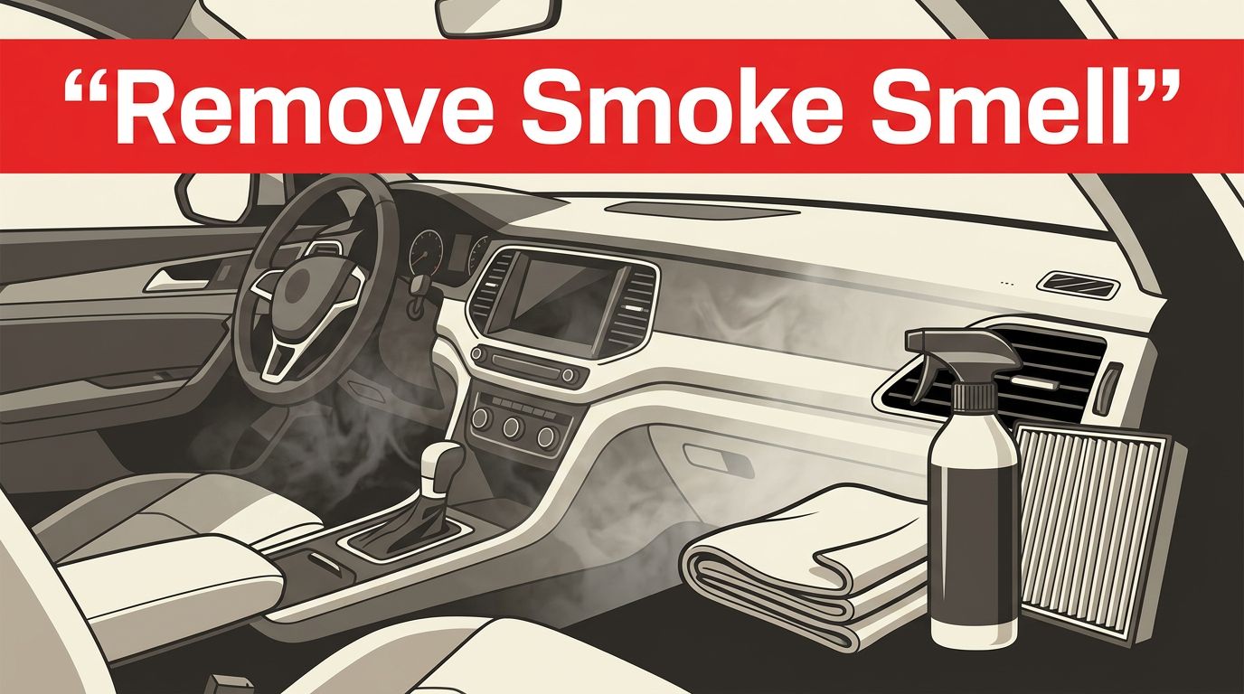 Cleaning supplies and an open vent appear inside a fresh, smoke-free car interior.
