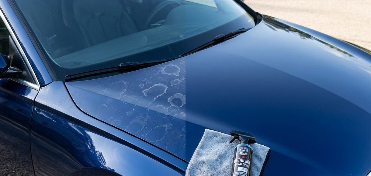 Dark blue car showing water spots beside a towel and detailing spray.