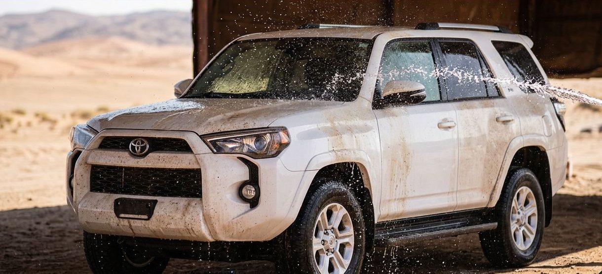 Water rinses a dusty white SUV in a desert setting.