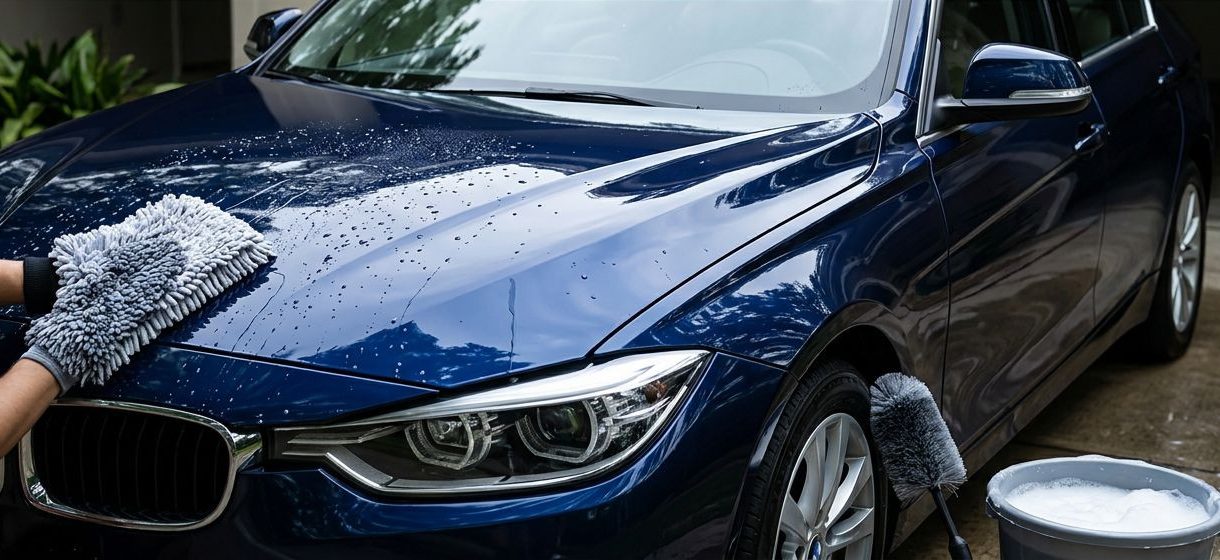 Dark blue sedan being washed beside a bucket and wheel brush in a shaded driveway.