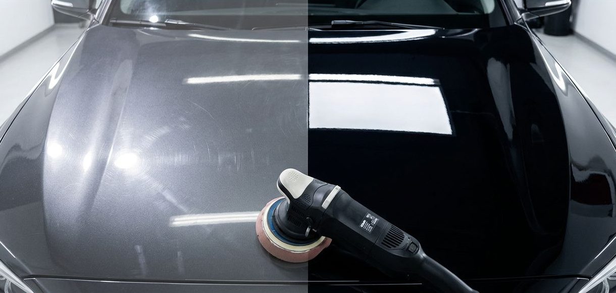 Car hood showing swirl marks beside a glossy corrected finish with a polisher.