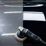 Car hood showing swirl marks beside a glossy corrected finish with a polisher.
