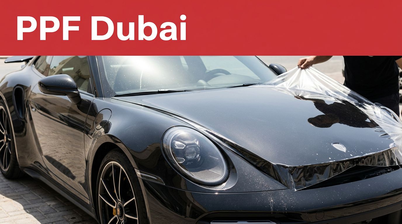 Black sports car with film on the hood in a detailing studio.