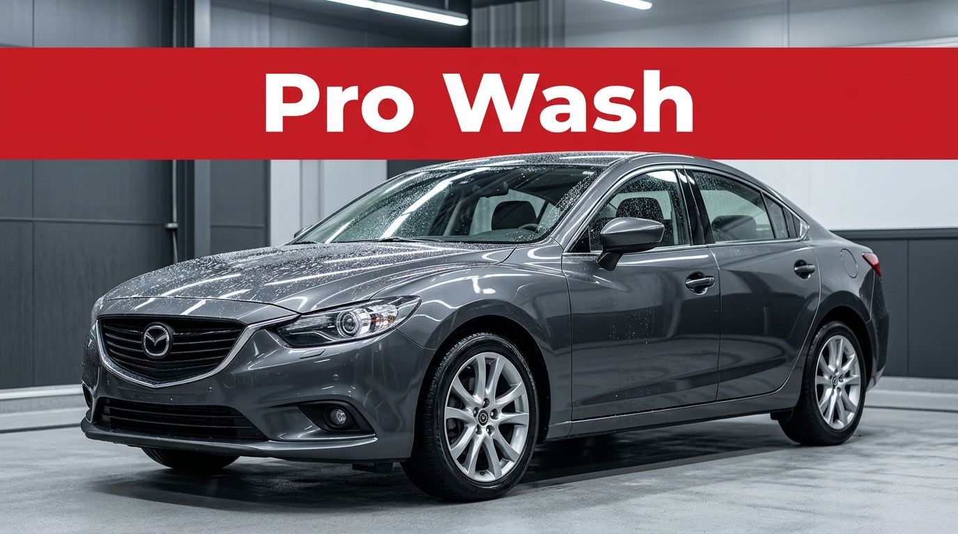 A polished dark sedan in a bright wash bay beneath a red Pro Wash banner.