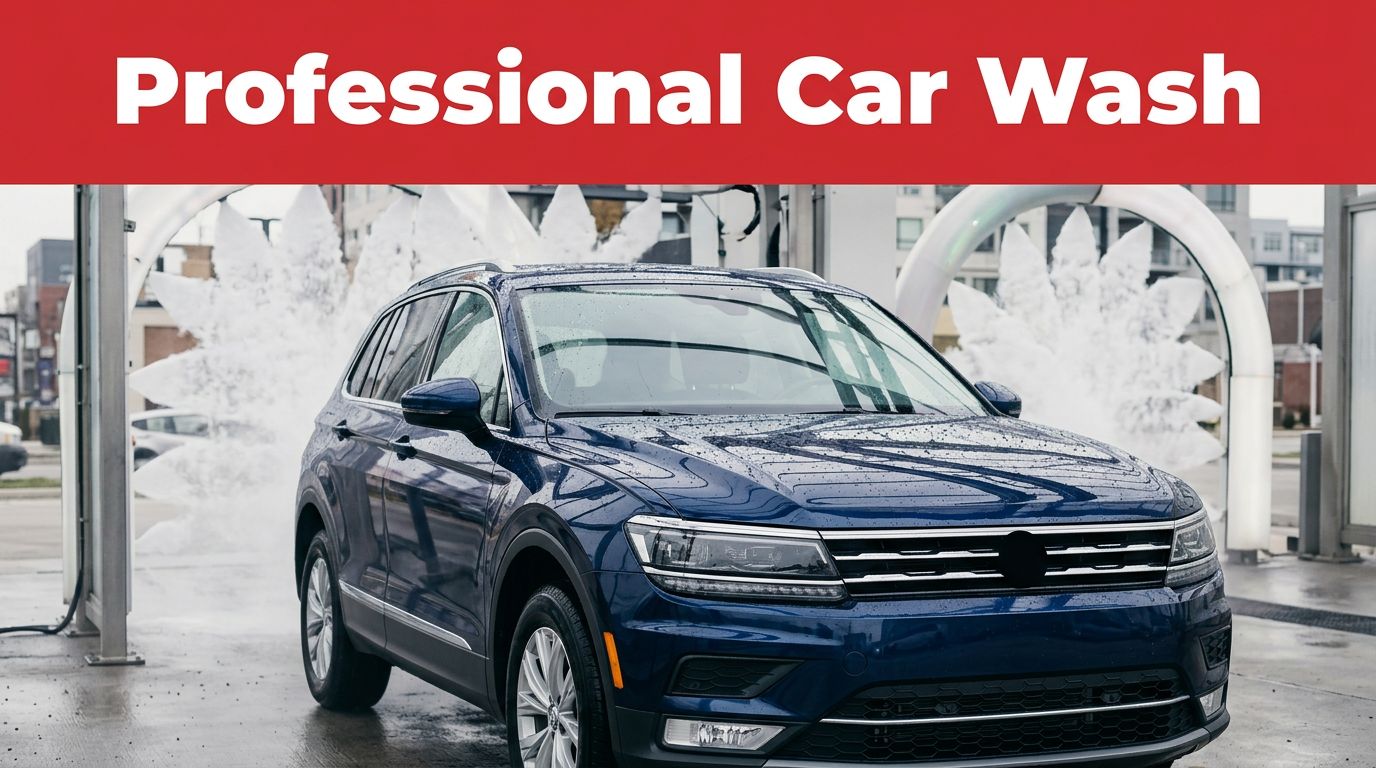 A dark blue SUV leaving an automated car wash with foam and water droplets.