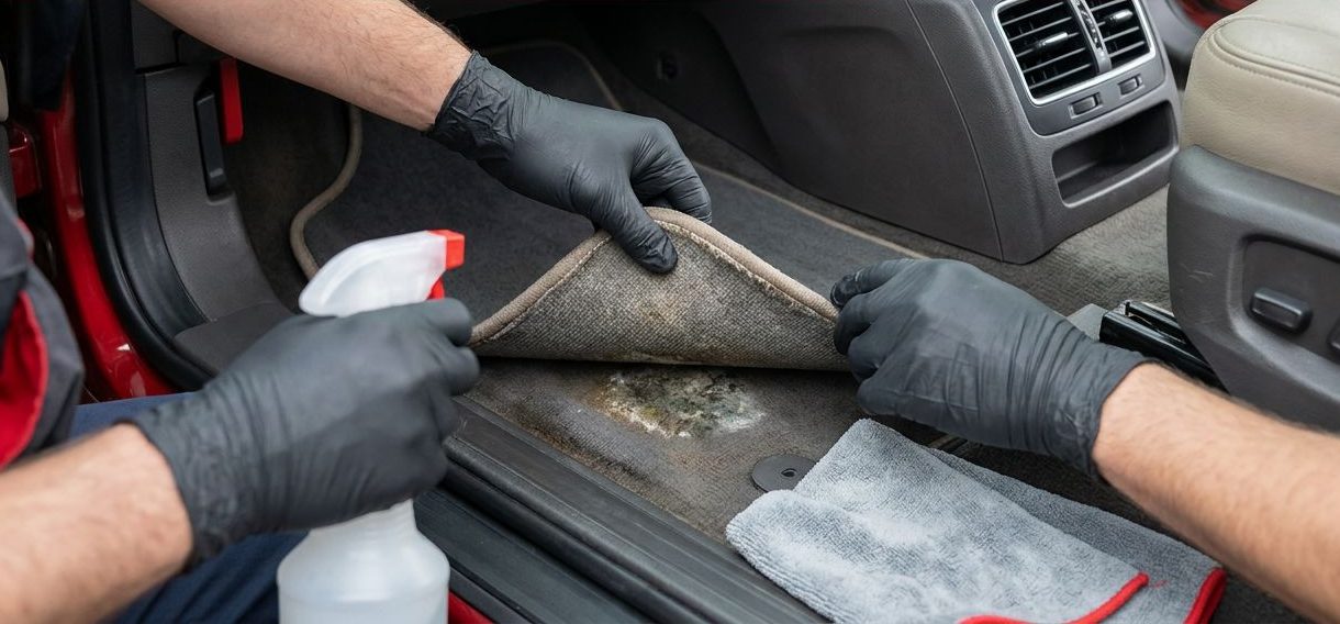 Gloved hands lift car carpet to reveal mold near cleaning supplies.