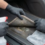 Gloved hands lift car carpet to reveal mold near cleaning supplies.