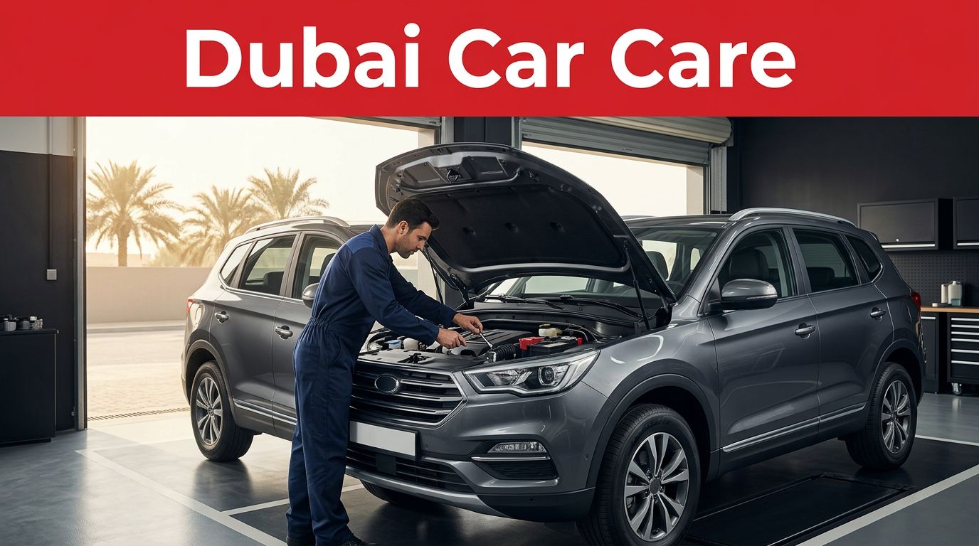 Technician inspecting an SUV engine inside a bright Dubai service bay.