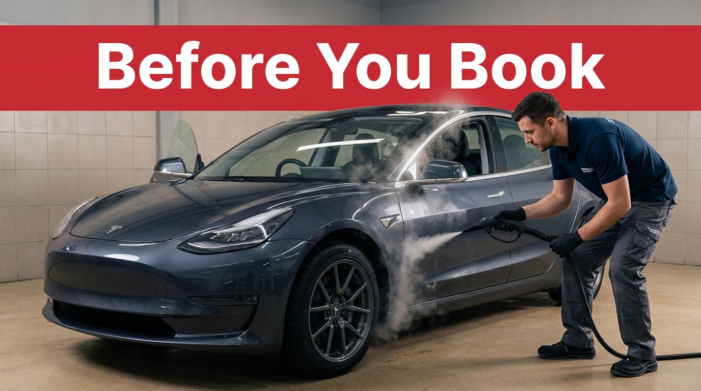 Technician steams a dark sedan’s front door in a clean detailing bay.