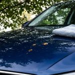 Dark-blue car hood with amber sap spots, a towel, and detailing bottle under a leafy tree.