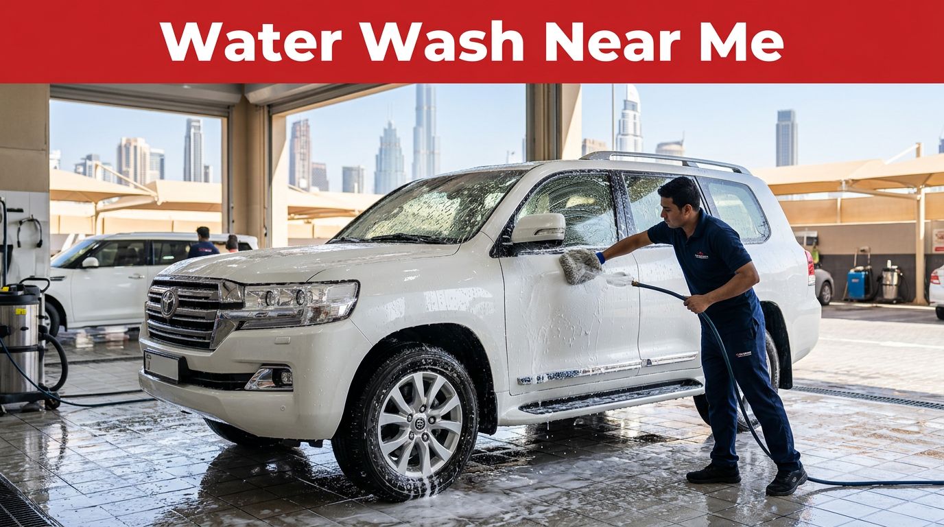 White SUV covered in foam at a Dubai car wash.