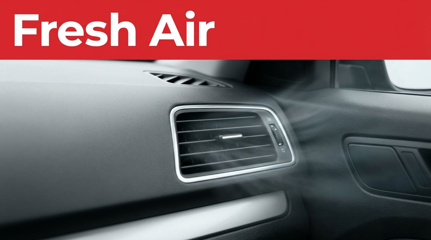Car dashboard air vent with faint musty haze and a red Fresh Air banner.