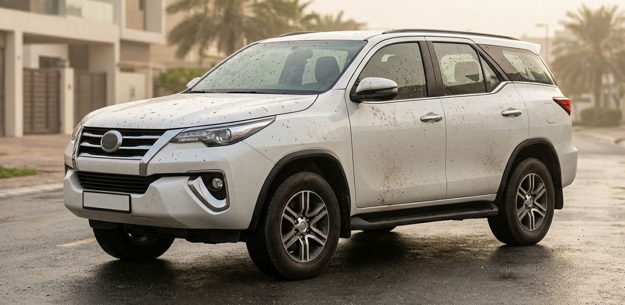 White SUV covered in muddy spots on a wet Dubai street.