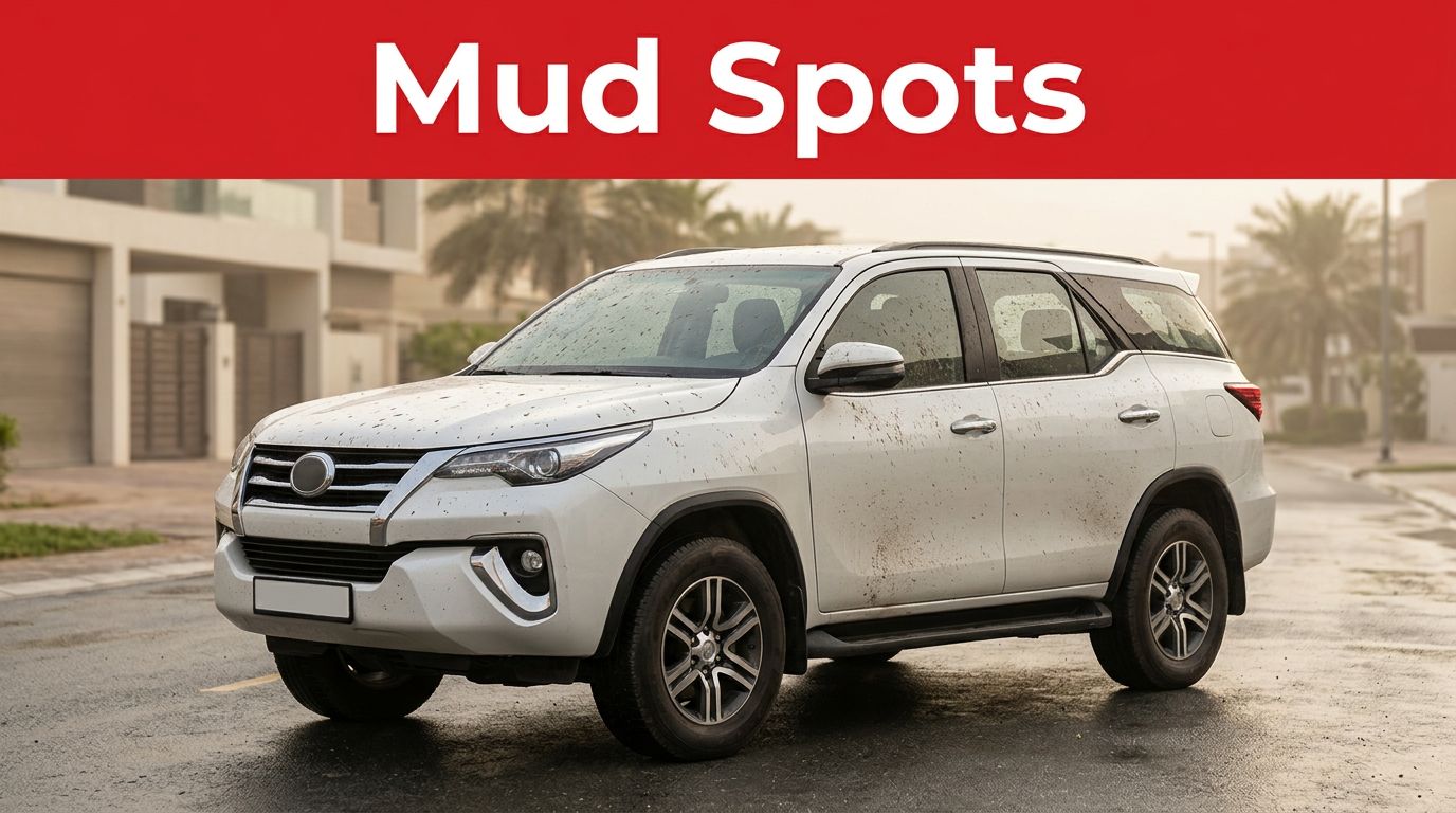 White SUV covered in muddy spots on a wet Dubai street.