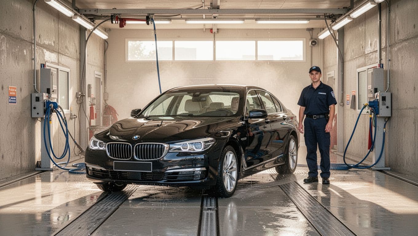A clean black sedan in a bright wash bay with equipment and one employee nearby.